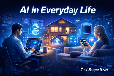 Illustration showing AI in Everyday Life with smart home, devices, and AI interfaces enhancing work and daily routines