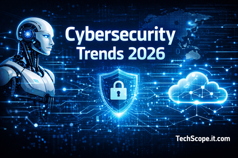 Cybersecurity Trends 2026: AI-driven threats, cloud security, and digital protection visualized in a modern futuristic style