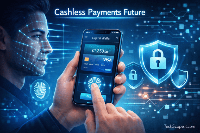 Digital Wallets & Biometric Payments 2026 showing fingerprint and facial recognition based cashless payment technology