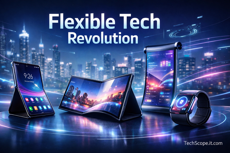 Foldable & Flexible Gadgets 2026 showcasing foldable phones, flexible tablets, and rollable screens