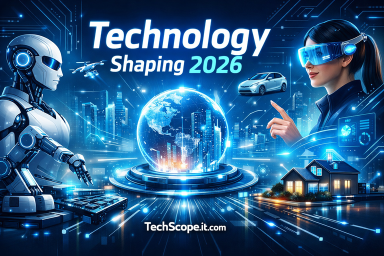Future of Technology illustration showing AI, automation, and smart systems shaping 2026 for TechScope.it.com