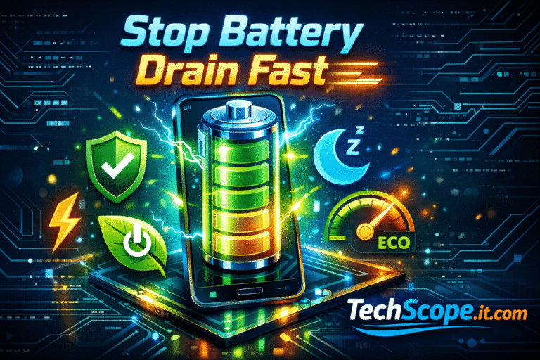 Illustration showing smartphone with battery optimization features to reduce smartphone battery drain, TechScope.it.com