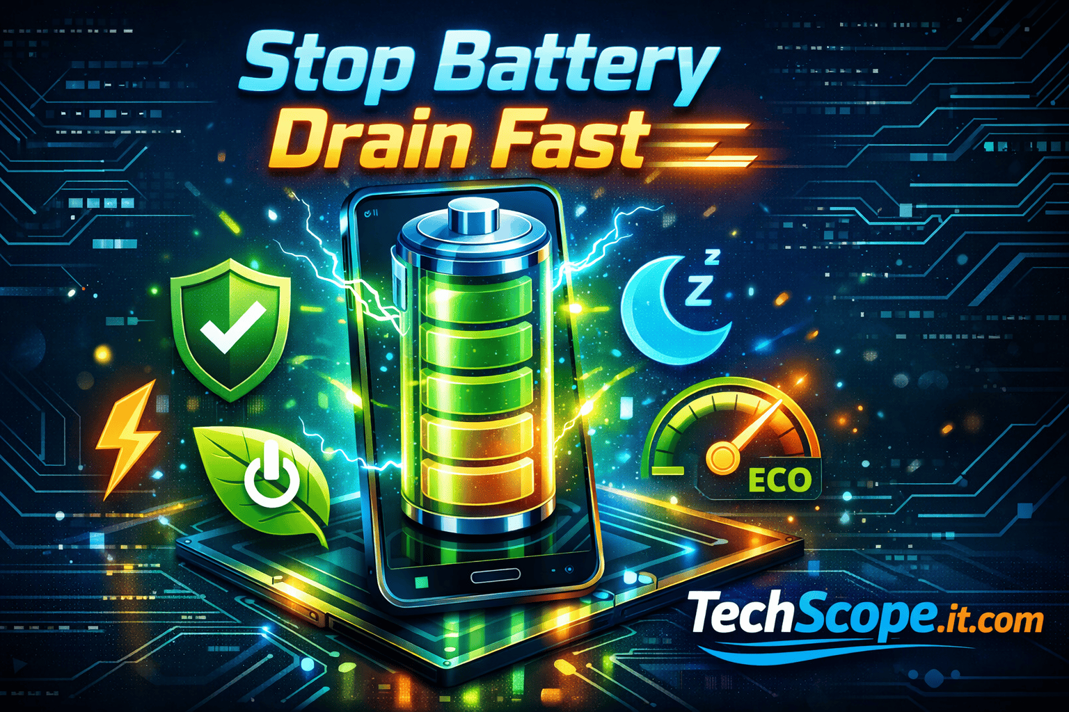 Illustration showing smartphone with battery optimization features to reduce smartphone battery drain, TechScope.it.com