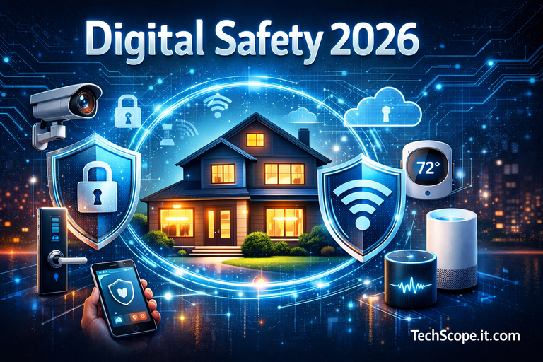 Illustration showing Secure Smart Home Devices 2026 with smart locks, cameras, thermostats, and connected gadgets
