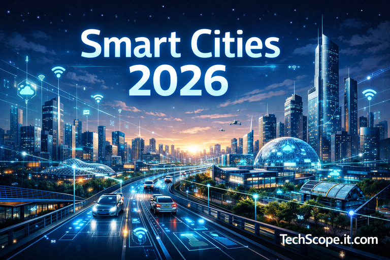 Smart Cities 2026 showing futuristic city infrastructure with IoT, AI-powered traffic systems, smart buildings, and connected urban technology