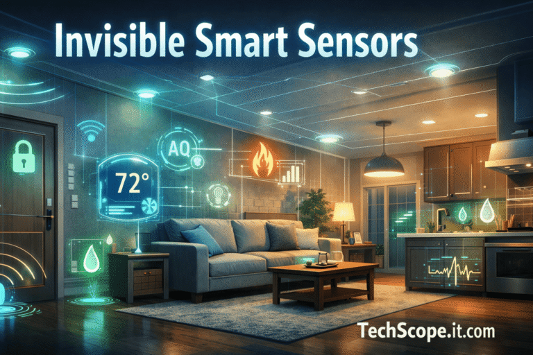 Smart Home Sensors 2026 visualizing invisible AI-powered sensors monitoring temperature, security, energy, and safety inside a modern smart home