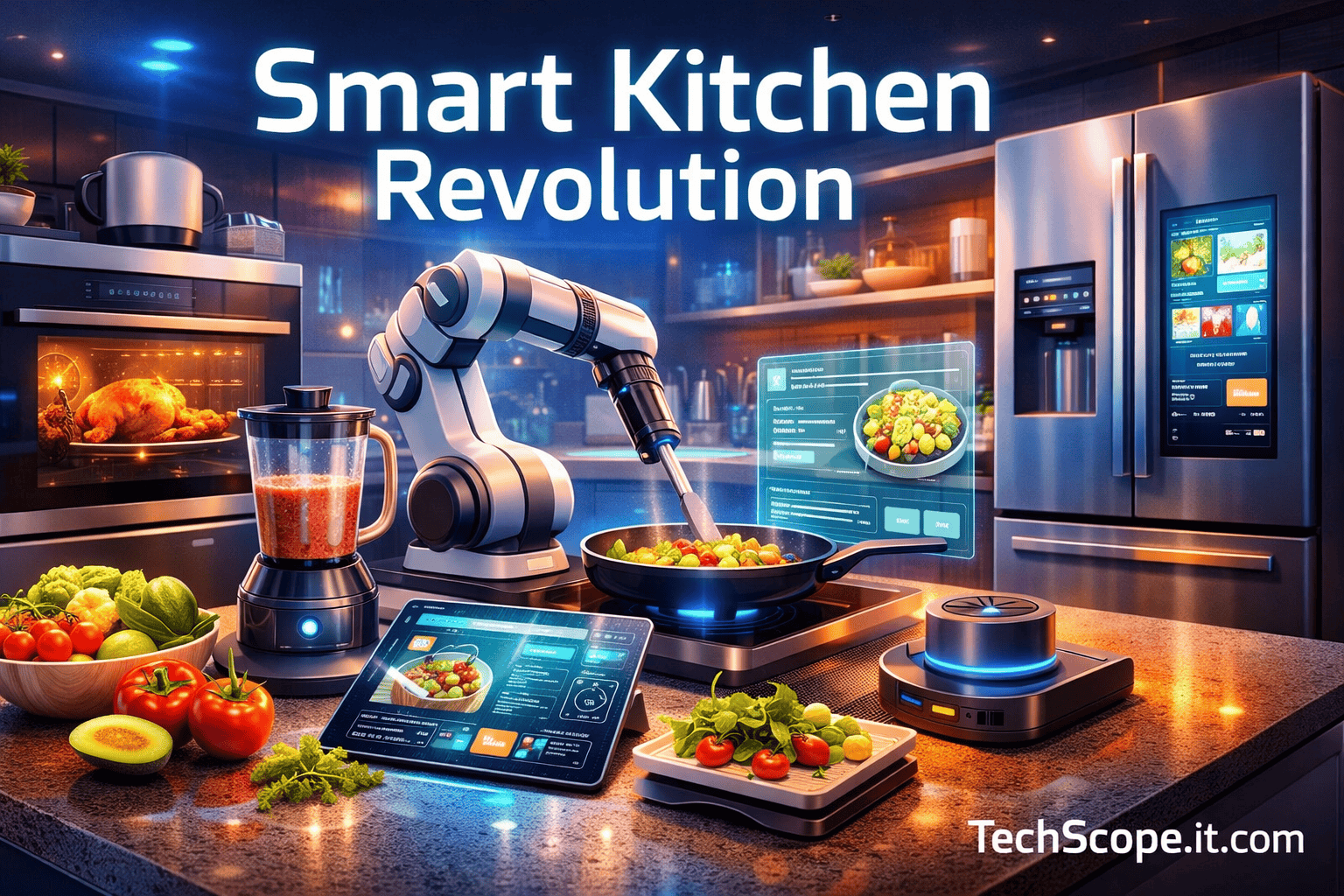 Smart Kitchen Gadgets 2026 showing AI ovens, robotic blenders, smart refrigerator, and automated cooking tools in modern kitchen