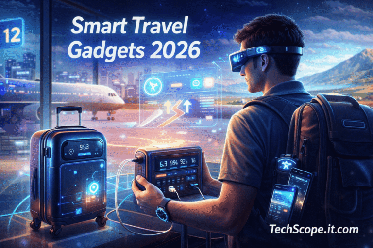 Traveler using Smart Travel Gadgets 2026 with smart luggage, AR glasses, and portable power station at an airport