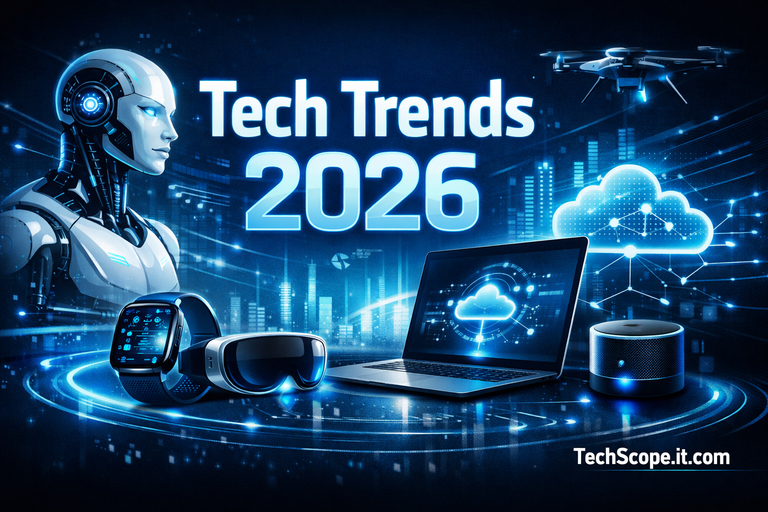 Technology Trends 2026 showing AI, smart gadgets, cloud computing, and digital innovation