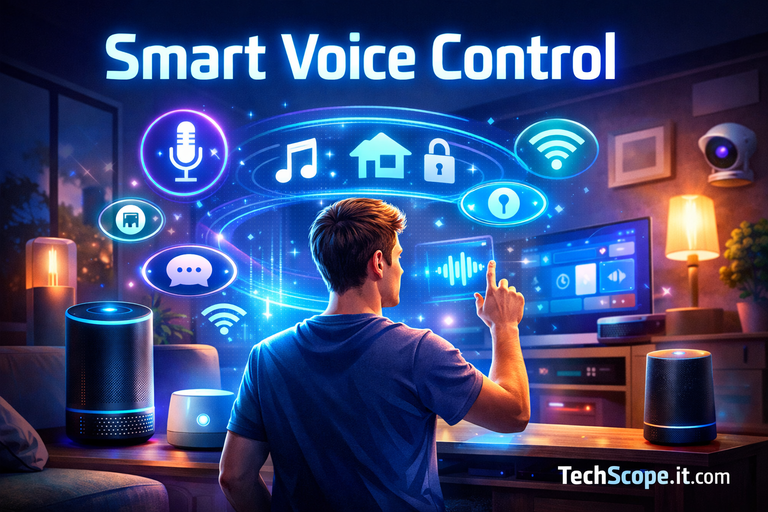 Voice Assistant Tips 2026 showing AI devices and smart home control interfaces