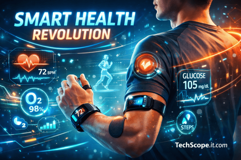 Wearable Health Devices 2026 showing smartwatch, fitness band, and biometric patch tracking heart rate, oxygen, glucose, and steps