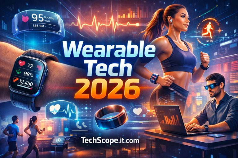 Wearable Tech 2026 devices monitoring health, fitness, and daily activities with real-time data overlays