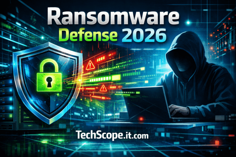 Ransomware Defense Strategies 2026 digital illustration showing hacker blocked by cybersecurity shield